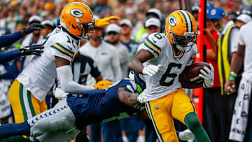 Green Bay Packers wide receiver Mecole Hardman (6) is roced out of bounds by Seattle Seahawks cornerback Keydrain Calligan (17) during their final preseason game on Saturday, August 23, 2025, at Lambeau Field in Green Bay, Wis. 
Tork Mason/USA TODAY NETWORK-Wisconsin