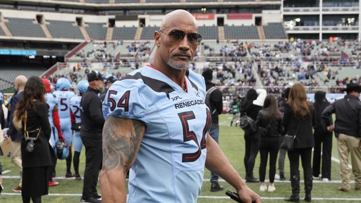 Feb 18, 2023; Arlington, TX, USA; XFL owner Dwayne Johnson on the sidelines during the first half