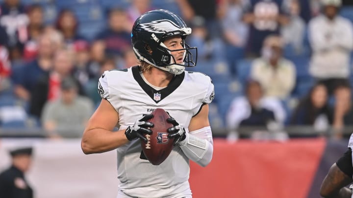 Aug 15, 2024; Foxborough, MA, USA; Philadelphia Eagles quarterback Kenny Pickett (7) looks to pass the ball during the first half against the New England Patriots at Gillette Stadium. Mandatory Credit: Eric Canha-USA TODAY Sports