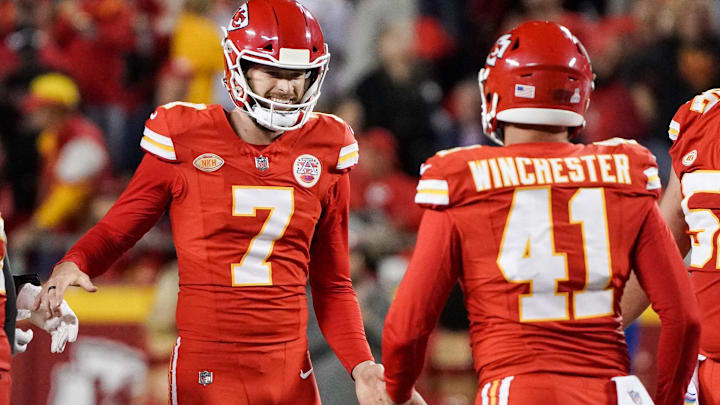 Oct 12, 2023; Kansas City, Missouri, USA; Kansas City Chiefs place kicker Harrison Butker (7) celebrates with long snapper James Winchester (41) after kicking a field goal against the Denver Broncos during the second half at GEHA Field at Arrowhead Stadium. Mandatory Credit: Denny Medley-Imagn Images
