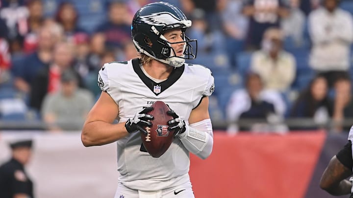 Aug 15, 2024; Foxborough, MA, USA; Philadelphia Eagles quarterback Kenny Pickett (7) looks to pass the ball during the first half against the New England Patriots at Gillette Stadium. Mandatory Credit: Eric Canha-Imagn Images