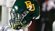 Oct 29, 2022; Lubbock, Texas, USA;  A general view of a Baylor Bears helmet on the bench in the second half during the game against the Texas Tech Red Raiders at Jones AT&T Stadium and Cody Campbell Field. Mandatory Credit: Michael C. Johnson-Imagn Images