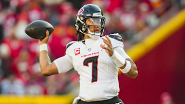 Dec 21, 2024; Kansas City, Missouri, USA; Houston Texans quarterback C.J. Stroud (7) throws a pass during the second half against the Kansas City Chiefs at GEHA Field at Arrowhead Stadium. Mandatory Credit: Jay Biggerstaff-Imagn Images