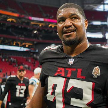 Defensive lineman Calais Campbell after the Atlanta Falcons' victory against against the Carolina Panthers at Mercedes-Benz Stadium in the 2023 season opener.
