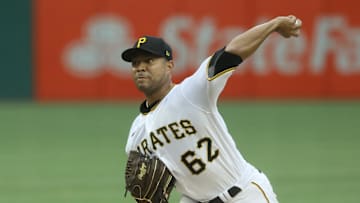 Jul 23, 2022; Pittsburgh, Pennsylvania, USA;  Pittsburgh Pirates starting pitcher Jose Quintana (62) delivers a pitch against the Miami Marlins during the first inning at PNC Park. Mandatory Credit: Charles LeClaire-Imagn Images