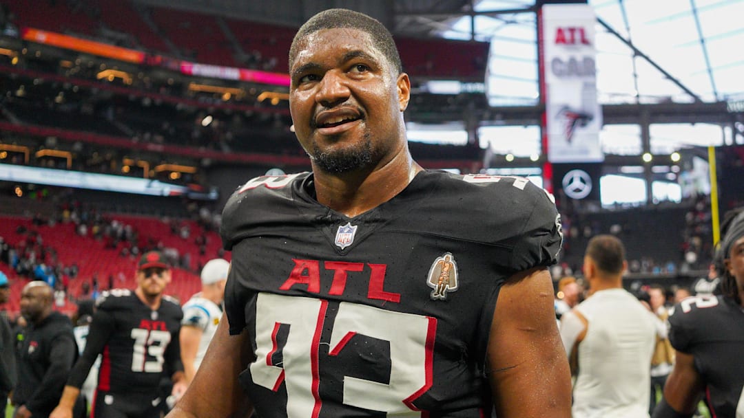 Sep 10, 2023; Atlanta, Georgia, USA; Atlanta Falcons defensive tackle Calais Campbell (93) celebrates after a victory against the Carolina Panthers at Mercedes-Benz Stadium.