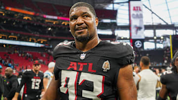 Sep 10, 2023; Atlanta, Georgia, USA; Atlanta Falcons defensive tackle Calais Campbell (93) celebrates after a victory against the Carolina Panthers at Mercedes-Benz Stadium.