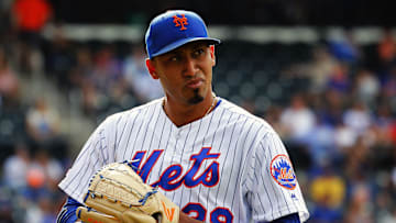 Aug 11, 2019; New York City, NY, USA; New York Mets relief pitcher Edwin Diaz (39) reacts after giving up a two run home run against the Washington Nationals during the ninth inning at Citi Field. Mandatory Credit: Andy Marlin-Imagn Images