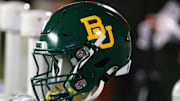 Oct 29, 2022; Lubbock, Texas, USA;  A general view of a Baylor Bears helmet on the bench in the second half during the game against the Texas Tech Red Raiders at Jones AT&T Stadium and Cody Campbell Field. Mandatory Credit: Michael C. Johnson-Imagn Images