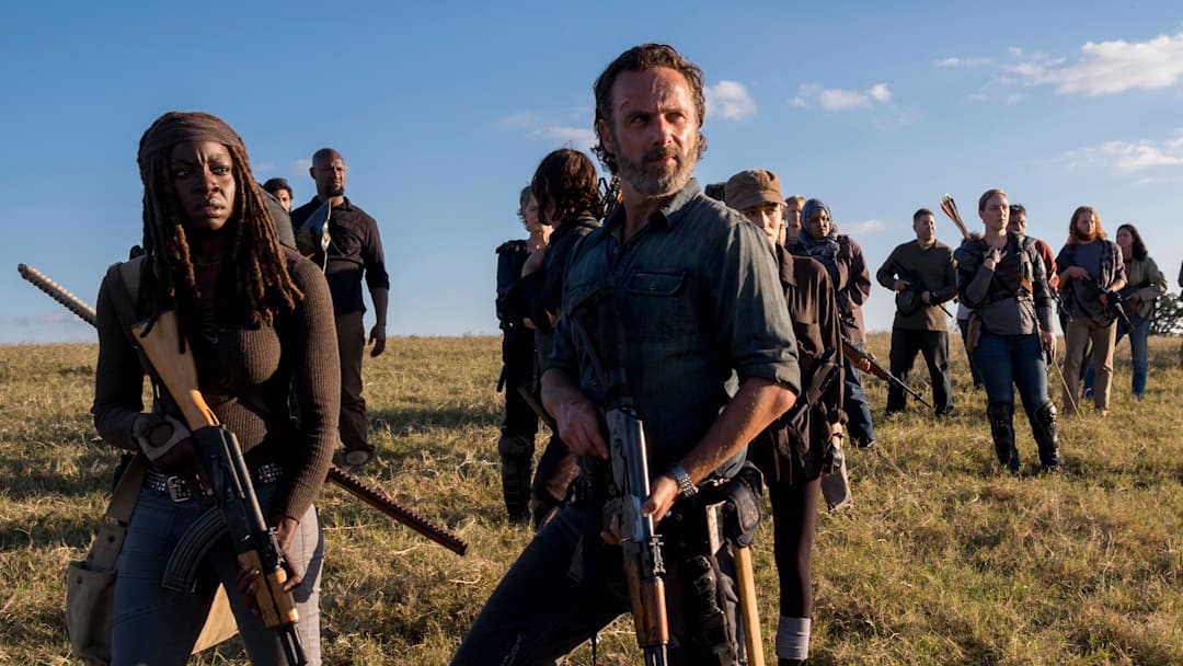 Danai Gurira as Michonne, Andrew Lincoln as Rick Grimes, Christian Serratos as Rosita Espinosa, Norman Reedus as Daryl Dixon, Melissa McBride as Carol Peletier - The Walking Dead _ Season 8, Episode 16 