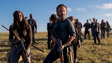 Danai Gurira as Michonne, Andrew Lincoln as Rick Grimes, Christian Serratos as Rosita Espinosa, Norman Reedus as Daryl Dixon, Melissa McBride as Carol Peletier - The Walking Dead _ Season 8, Episode 16 