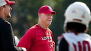 Louisville’s Jeff Brohm, Head Coach, during practice before the start of the 2025 football season.