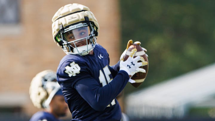 Notre Dame cornerback Leonard Moore catches a ball during a Notre Dame football practice at Irish Athletic Center on Wednesday, July 31, 2024, in South Bend.