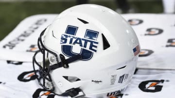 Sep 4, 2021; Pullman, Washington, USA; Utah State Aggies helmet sits during a game against the Washington State Cougars in the second half at Gesa Field at Martin Stadium. The Aggies26-23. Mandatory Credit: James Snook-USA TODAY Sports