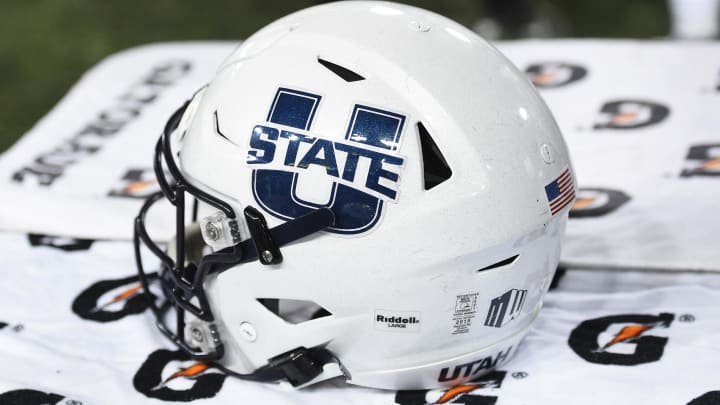 Sep 4, 2021; Pullman, Washington, USA; Utah State Aggies helmet sits during a game against the Washington State Cougars in the second half at Gesa Field at Martin Stadium. The Aggies26-23. Mandatory Credit: James Snook-USA TODAY Sports