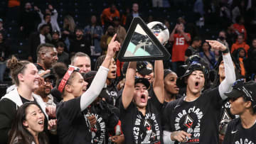 Oct 18, 2023; Brooklyn, New York, USA; The Las Vegas Aces celebrate after winning the 2023 WNBA