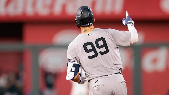 Kansas City, Missouri, USA; New York Yankees outfielder Aaron Judge (99) rounds bases after hitting a home run during the seventh inning against the Kansas City Royals at Kauffman Stadium. Kansas City, Missouri, USA; New York Yankees outfielder Aaron Judge (99) rounds bases after hitting a home run during the seventh inning against the Kansas City Royals at Kauffman Stadium.