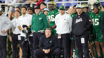 Dec 21, 2023; Boca Raton, FL, USA;  South Florida Bulls head coach Alex Golesh looks on as time expires against the Syracuse Orange in the fourth quarter during the RoofClaim.com Boca Raton Bowl at FAU Stadium. Mandatory Credit: Nathan Ray Seebeck-USA TODAY Sports