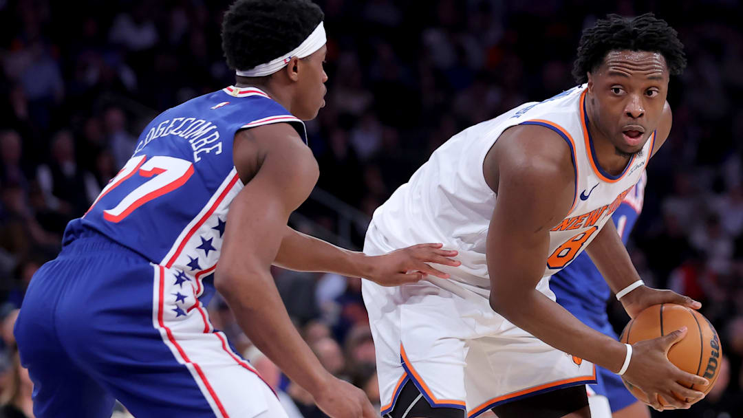 May 4, 2026; New York, New York, USA; New York Knicks forward OG Anunoby (8) controls the ball against Philadelphia 76ers guard VJ Edgecombe (77) during the second quarter of game one of the eastern conference semifinal round of the 2026 NBA Playoffs at Madison Square Garden. Mandatory Credit: Brad Penner-Imagn Images