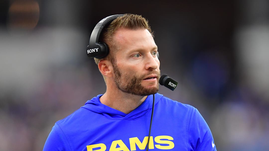 Jan 4, 2026; Inglewood, California, USA;  Los Angeles Rams head coach Sean McVay stands on the sidelines against the Arizona Cardinals during the first half at SoFi Stadium. Mandatory Credit: Gary A. Vasquez-Imagn Images