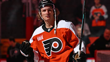 Oct 13, 2025; Philadelphia, Pennsylvania, USA; Philadelphia Flyers center Trevor Zegras (46) acknowledges the crowd after win against the Florida Panthers at Wells Fargo Center. Mandatory Credit: Eric Hartline-Imagn Images