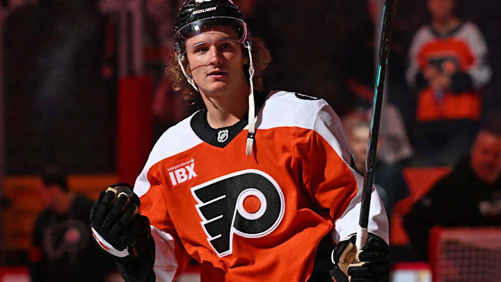 Oct 13, 2025; Philadelphia, Pennsylvania, USA; Philadelphia Flyers center Trevor Zegras (46) acknowledges the crowd after win against the Florida Panthers at Wells Fargo Center. Mandatory Credit: Eric Hartline-Imagn Images