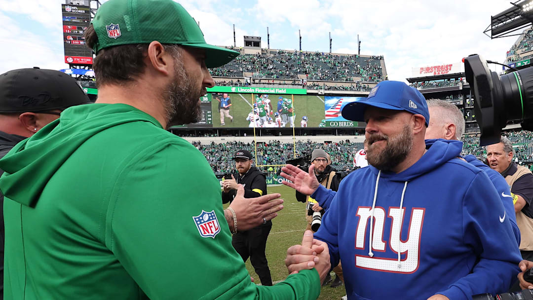Oct 26, 2025; Philadelphia, Pennsylvania, USA; New York Giants head coach Brian Daboll and Philadelphia Eagles head coach Nick Sirianni shake hands after the game at Lincoln Financial Field.