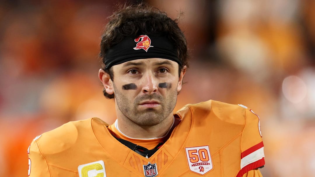 Dec 11, 2025; Tampa, Florida, USA; Tampa Bay Buccaneers quarterback Baker Mayfield (6) looks on against the Atlanta Falcons during the fourth quarter at Raymond James Stadium. Mandatory Credit: Nathan Ray Seebeck-Imagn Images