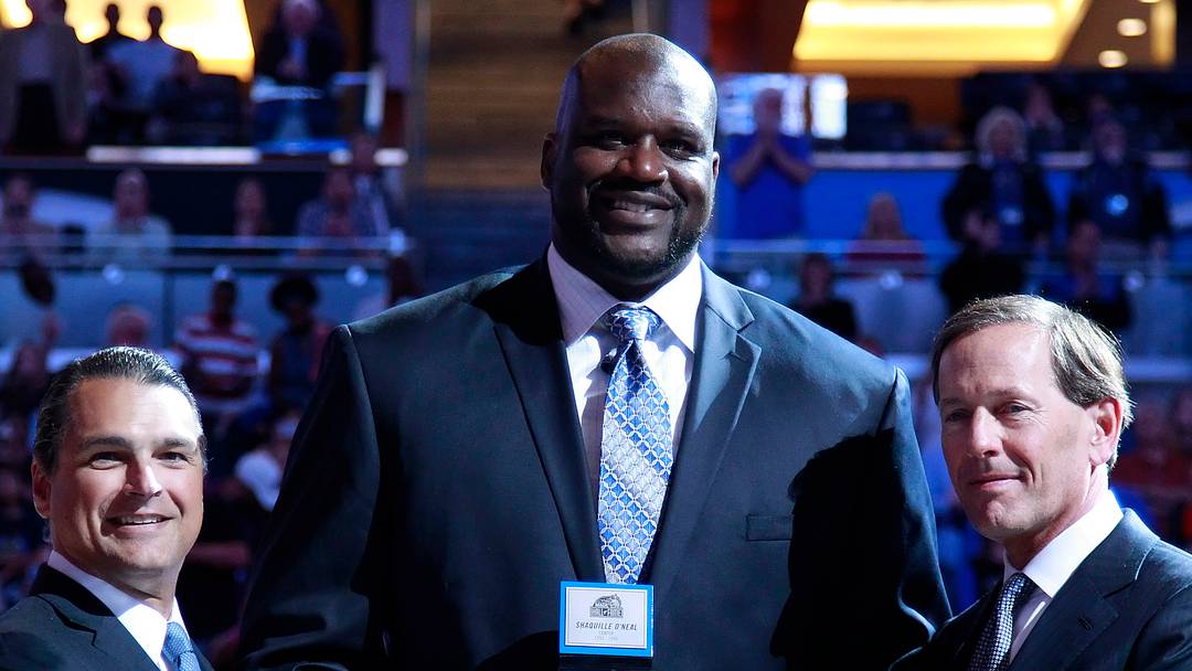 Mar 27, 2015; Orlando, FL, USA; Former NBA player Shaquille O'Neal is introduced as he was inducted into the Magic Hall of Fame during the first half against the Detroit Pistons at Amway Center. Mandatory Credit: Kim Klement-USA TODAY Sports