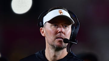 Nov 7, 2025; Los Angeles, California, USA; Southern California Trojans head coach Lincoln Riley watches game action against the Northwestern Wildcats during the second half at the Los Angeles Memorial Coliseum. Mandatory Credit: Gary A. Vasquez-Imagn Images