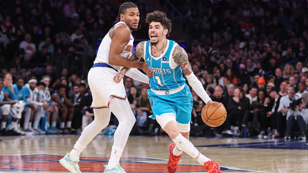 Dec 3, 2025; New York, New York, USA; Charlotte Hornets guard LaMelo Ball (1) drives against New York Knicks guard Miles McBride (2) in the second quarter at Madison Square Garden. Mandatory Credit: Wendell Cruz-Imagn Images Dec 3, 2025; New York, New York, USA; Charlotte Hornets guard LaMelo Ball (1) drives against New York Knicks guard Miles McBride (2) in the second quarter at Madison Square Garden. Mandatory Credit: Wendell Cruz-Imagn Images