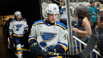 St. Louis Blues defenseman Scott Perunovich (48) walks to the ice for warmups before the game between the San Jose Sharks and the St. Louis Blues at SAP Center at San Jose. Mandatory Credit: Robert Edwards-USA TODAY Sports