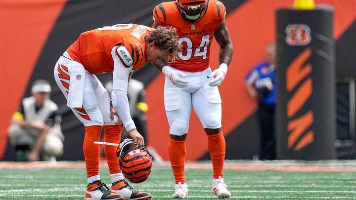 Cincinnati Bengals quarterback Joe Burrow (9) is injured on a play in the second quarter of the NFL Week 2 game between the Cincinnati Bengals and the Jacksonville Jaguars at Paycor Stadium in downtown Cincinnati on Sunday, Sept. 14, 2025. The Jaguars led 17-10 at halftime.