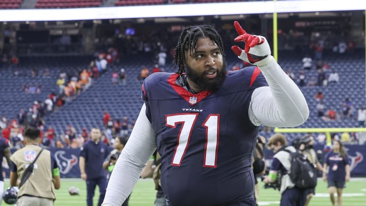 Nov 5, 2023; Houston, Texas, USA; Houston Texans offensive tackle Tytus Howard (71) walks off the field after the game against the Tampa Bay Buccaneers at NRG Stadium. Mandatory Credit: Troy Taormina-USA TODAY Sports