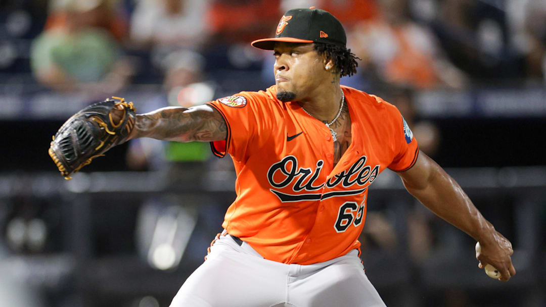 Jul 19, 2025; Tampa, Florida, USA; Baltimore Orioles pitcher Gregory Soto (65) throws a pitch against the Tampa Bay Rays in the eighth inning at George M. Steinbrenner Field