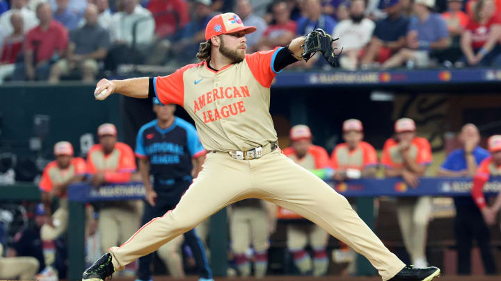 Jul 16, 2024; Arlington, Texas, USA; American League pitcher Corbin Burnes of the Baltimore Orioles (39) pitches in the first inning during the 2024 MLB All-Star game at Globe Life Field.