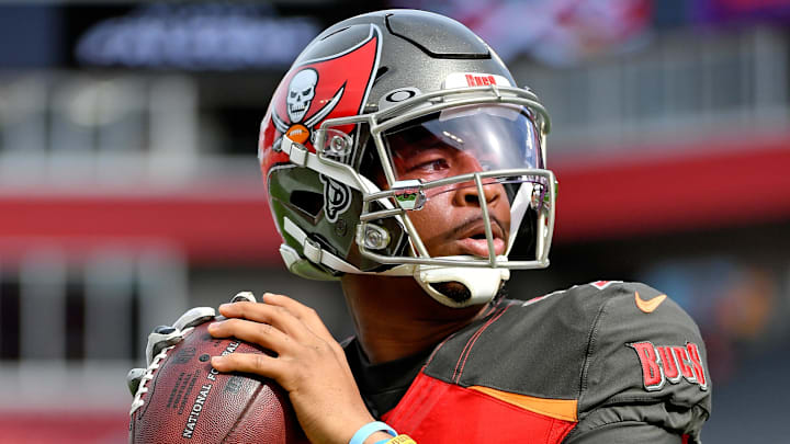 Dec 29, 2019; Tampa, Florida, USA; Tampa Bay Buccaneers quarterback Jameis Winston (3) warms up prior to the game against the Atlanta Falcons at Raymond James Stadium. Mandatory Credit: Jasen Vinlove-Imagn Images