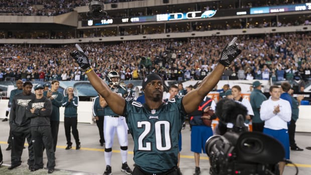 Philadelphia Eagles retired defender Brian Dawkins is introduced prior to playing the New York Giants at Lincoln Financial Fi