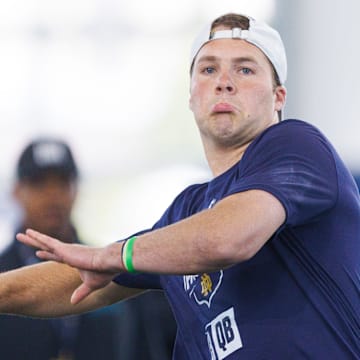 Quarterback Riley Leonard during Notre Dame football's Pro Day at Irish Athletic Center on Thursday, March 27, 2025, in South Bend.