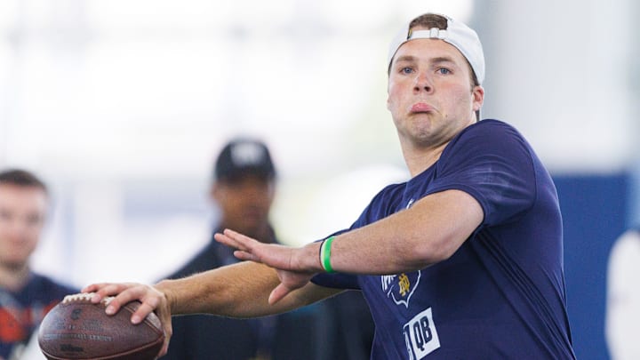 Quarterback Riley Leonard during Notre Dame football's Pro Day at Irish Athletic Center on Thursday, March 27, 2025, in South Bend. Quarterback Riley Leonard during Notre Dame football's Pro Day at Irish Athletic Center on Thursday, March 27, 2025, in South Bend.