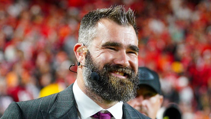 Former Philadelphia Eagles center turned ESPN analyst Jason Kelce speaks at a game on Monday night. Former Philadelphia Eagles center turned ESPN analyst Jason Kelce speaks at a game on Monday night.