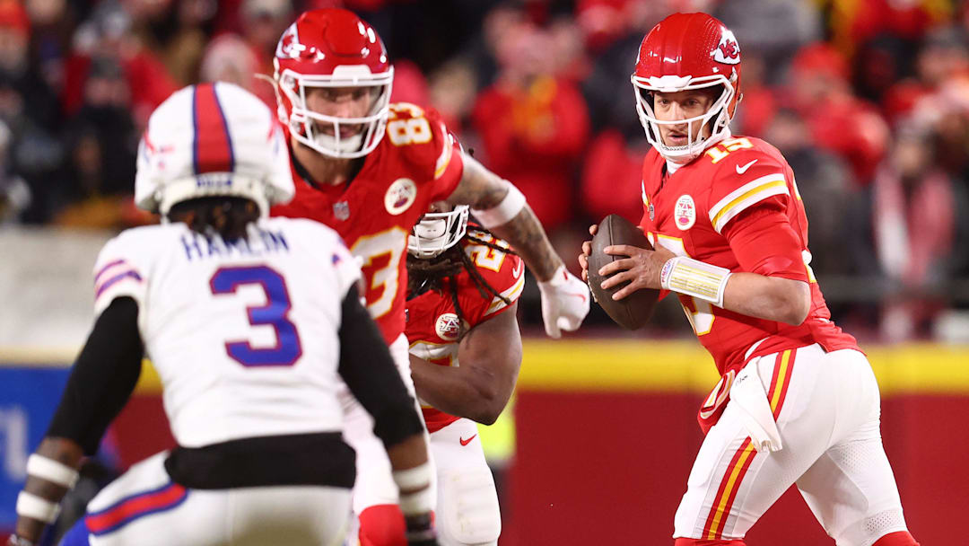 Jan 26, 2025; Kansas City, MO, USA; Kansas City Chiefs quarterback Patrick Mahomes (15) drops back to pass against the Buffalo Bills during the first half in the AFC Championship game at GEHA Field at Arrowhead Stadium. Jan 26, 2025; Kansas City, MO, USA; Kansas City Chiefs quarterback Patrick Mahomes (15) drops back to pass against the Buffalo Bills during the first half in the AFC Championship game at GEHA Field at Arrowhead Stadium.