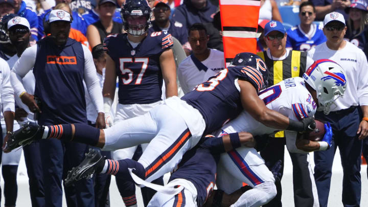 T.J. Edwards makes the stop on Bills wide receiver Khalil Shakir in preseason. Edwards and the defense say they're ready for this opener.