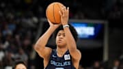 Grizzlies' Jaylen Wells (0) shoots the ball while playing knockout during open practice at FedExForum in Memphis, Tenn., on Sunday, October 6, 2024.