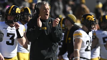 Nov 23, 2024; College Park, Maryland, USA;  Iowa Hawkeyes head coach Kirk Ferentz reacts during the first half against the Maryland Terrapins at SECU Stadium. Mandatory Credit: Tommy Gilligan-Imagn Images