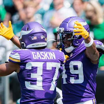 Aug 24, 2024; Philadelphia, Pennsylvania, USA; Minnesota Vikings wide receiver Justin Hall (49) celebrates with running back Myles Gaskin (37) after scoring a touchdown against the Philadelphia Eagles during the second quarter at Lincoln Financial Field. Mandatory Credit: Caean Couto-Imagn Images