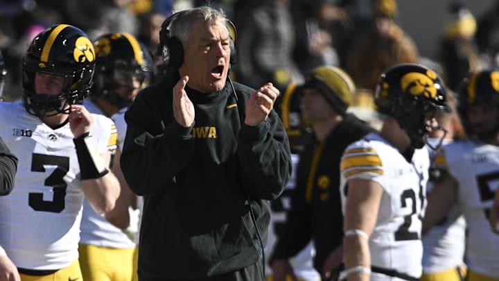 Nov 23, 2024; College Park, Maryland, USA;  Iowa Hawkeyes head coach Kirk Ferentz reacts during the first half against the Maryland Terrapins at SECU Stadium. Mandatory Credit: Tommy Gilligan-Imagn Images