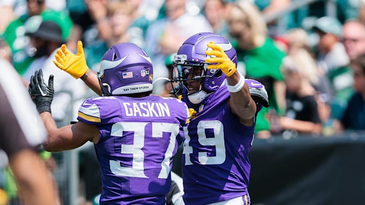 Aug 24, 2024; Philadelphia, Pennsylvania, USA; Minnesota Vikings wide receiver Justin Hall (49) celebrates with running back Myles Gaskin (37) after scoring a touchdown against the Philadelphia Eagles during the second quarter at Lincoln Financial Field. Mandatory Credit: Caean Couto-Imagn Images