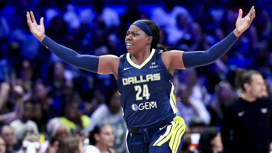 May 16, 2025; Arlington, Texas, USA; Dallas Wings guard Arike Ogunbowale (24) reacts after scoring against the Minnesota Lynx  during the first half at College Park Center. Mandatory Credit: Kevin Jairaj-Imagn Images