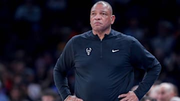 Milwaukee head coach Doc Rivers stands near the bench in the third quarter during an NBA game between Oklahoma City and Milwaukee at the Paycom Center.